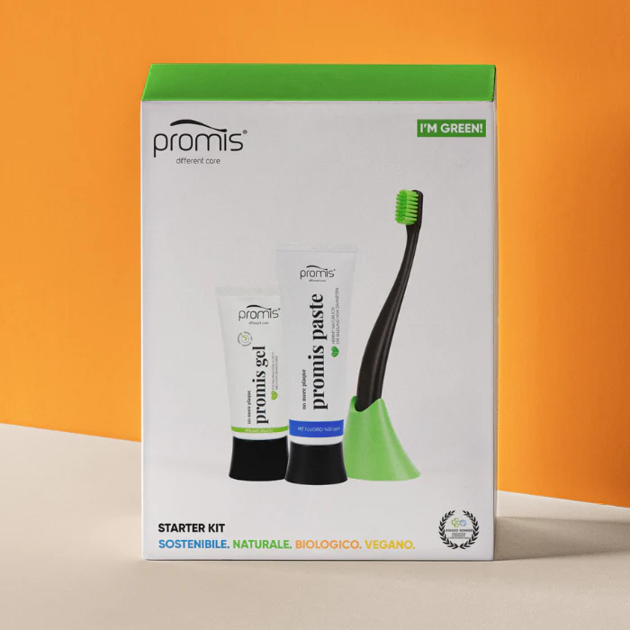 Kit complet de igienă orală Promis.Care - pastă naturală, periuță, suport și gel antiplacă